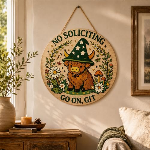 Image of No Soliciting Sign for House | Rustic Round Wood Wreaths Hanging Sign for Front Door - Cute Highland Cow Witch Hat Front Porch Garland Decor for Door Wall Room Porch Kitchen