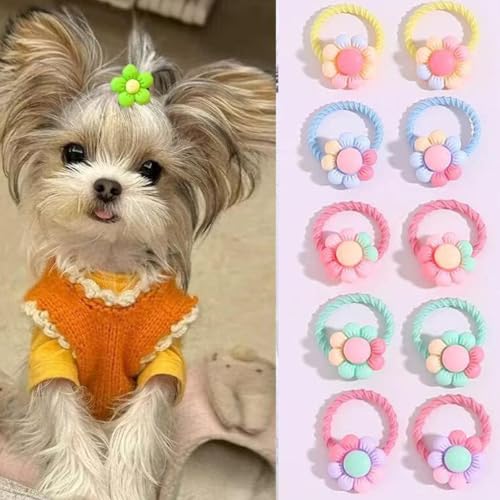 cuhair Haarschmuck für kleine Hunde, Cartoon-Sonnenblume mit Gummiband für Mädchen, Welpen, Teddy, Malteser, Yorkshire, Langhaar, zottelig, 10 Stück