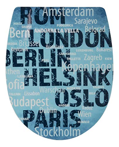 Sitzplatz WC-Sitz mit Absenkautomatik, Dekor Stadtliebe, abnehmbar, Thermoplast Toilettensitz, TopFix Befestigung von oben, universale O Form, Toilettendeckel mit Schriftzug, Klodeckel oval, 40685 7