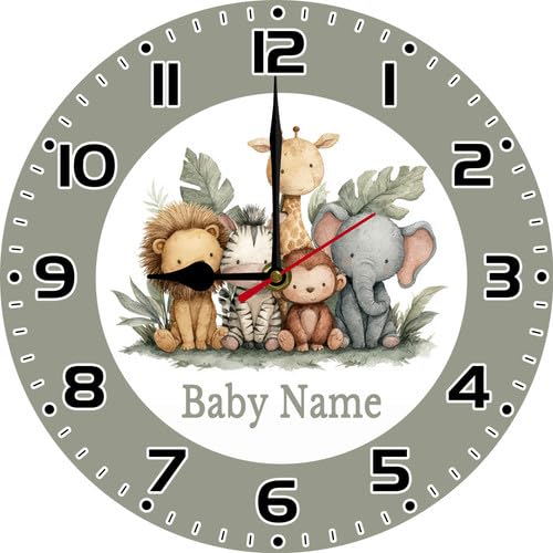 Lefangovs Jungle Animals Wall Clock Baby Room Nursery Decor Round Wooden Wall Clocks Battery Operated Quiet Non-Ticking Farmhouse Custom Nursery Name...