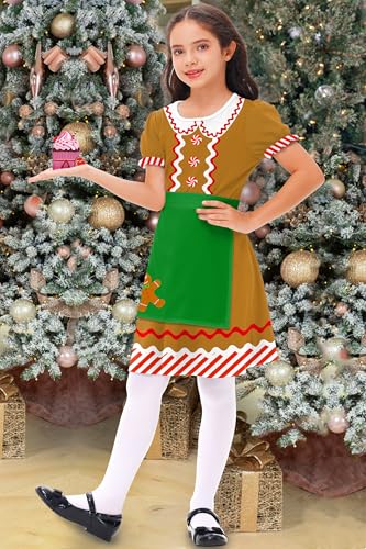 Xmas Puff Sleeve Dress Christmas Gingerbread Girl Dress with Apron Elastic Waist Aline Dresses 5-6 Years3