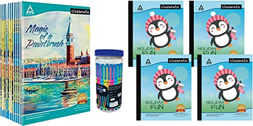 Image of Classmate Long Notebook - 140 Pages, Single Line (Pack of 12) & Octane Neon- 25 Blue Gel Pens Notebook - Single Line, 172 Pages, Pack Of 4