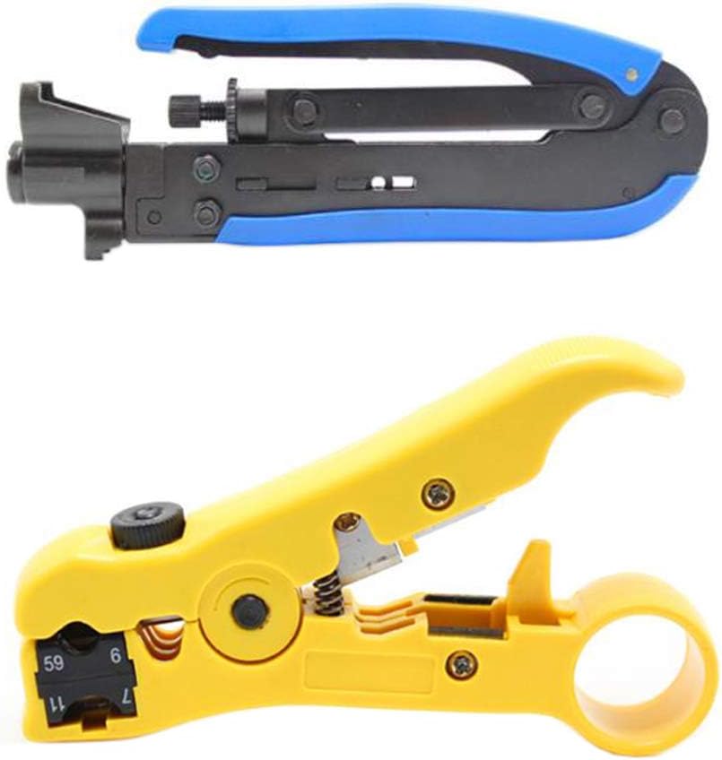 JJDD1 Pack Yellow Universal Coaxial Cable Stripping Pliers+1 Pack Coaxial Cable Crimping Tool,Coaxial Compression Tool Coax Cable Crimper Kit for Flat or Round TV/UTP RG59/6/7/11