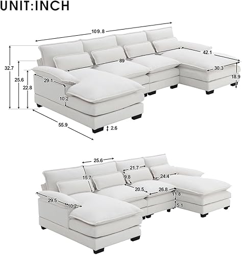Miniatura 9 de Sofá modular en forma de U de 109.8 pulgadas con almohadas para la cintura, sofá simétrico tapizado de 6 asientos, sofá cama con diván, color gris