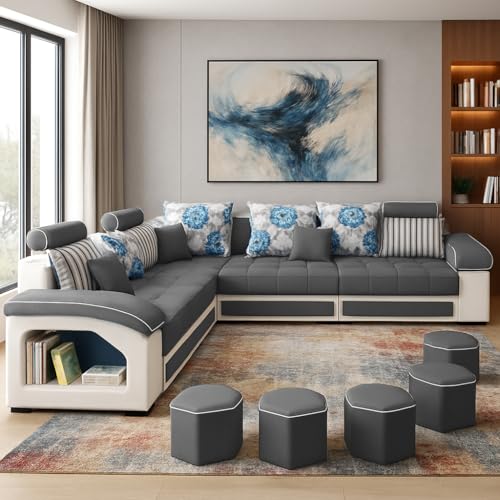 Image of Casaliving Yamir Modern U-Shaped Sectional Sofa Set with Storage, 9 Seater, Sofa Couch with 4 Puffy for Hall Guest Room (Dark Grey & Grey) Premium Fabric Sofa Set