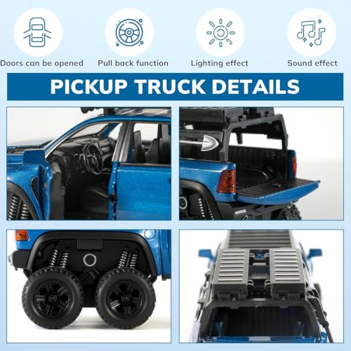 Image of RAM Mammoth Pick-Up Model Car 1:32 Exclusive Alloy Metal Pull Back Die-cast Car Die-cast Metal Pullback Toy car with Openable Doors & Light Music, Blue Six Wheel