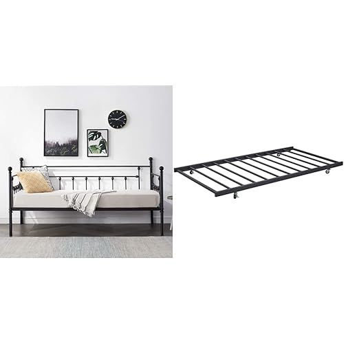 VECELO Daybed Frame Twin Size Multifunctional Metal Platform, Black & Twin Bed Frame Only/Roll Out Trundle /Enhanced Metal Slats Support