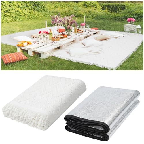 Hahafelt 91x 71 in Extra Large Outdoor Picnic Blanket with Waterproof Mat Oversize Beach Woven Cotton Yarn Blanket with Fringe Machine Sandproof for Spring Summer Camping Beach Park(Boho,White)