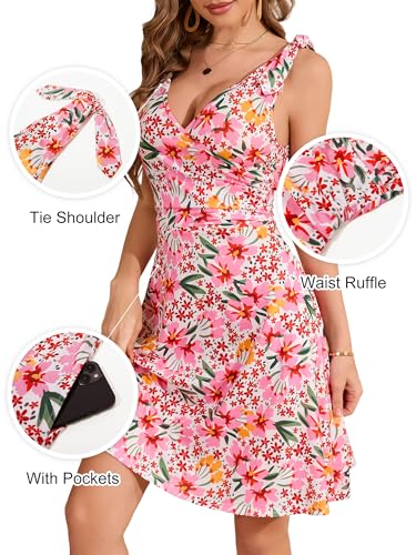 Image of HUHOT Women's Summer Floral Sundress 2025 Sleeveless Tie Shoulder V Neck Flowy A-line Elastic Waist Ruffle Mini Dresses