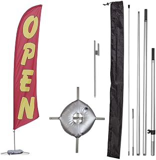 Vispronet Premium Open Feather Flag Kit - Includes 13ft Sectional Aviation Grade Fiberglass Poles, Red Open Flag, Cross Base, Weight Bag, Ground Spike and Pole Sleeve Bag