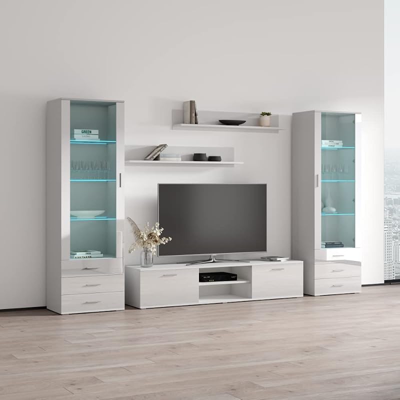 Meble Furniture Soho 4 Wall Unit Entertainment Center — Storage Bookcase and Sideboard — Modern High Gloss and Matte Finish, 80.3 x 15.7 x 71.3 inches — White image 3