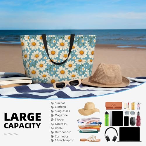 Large Beach Bags for Women Sandproof - Daisy Sky Blue Print Summer Travel Work Tote Bags with Zipper4