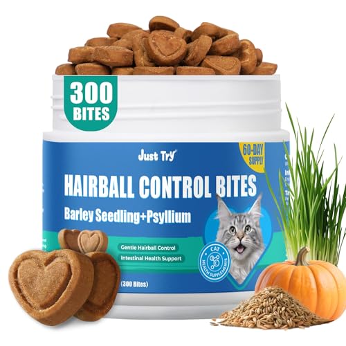 Just Try 300 Bites Hairball Control Cat Treats - Hairball Treatment & Relief for Cats - with Cat Grass, Pumpkin, & Omega-3 Fish Oil, Crunchy Chicken Flavor Crunchy Bites