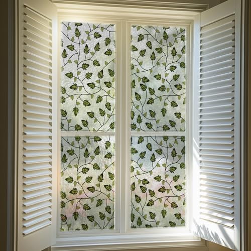 Alwayspon 118inchx17inchinch Non-Adhesive UV Rainbow Window Privacy Film, Green Leave Stained Glass Window Film, Decorative Static Cling Glass Sticker for Home, Room, Bathroom, Glass Door