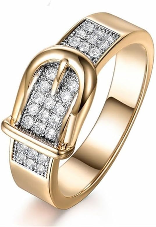 JerMrasra 925 Sterling Silver Belt Buckle Ring 18K Yellow Gold Plated Ring with AAA White Cubic Zirconia Full Diamond Multi Row Halo Ring CZ Eternity Engagement Wedding Band Ring for Women Size 10