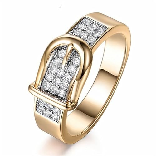 JerMrasra 925 Sterling Silver Belt Buckle Ring 18K Yellow Gold Plated Ring with AAA White Cubic Zirconia Full Diamond Multi Row Eternity Engagement Wedding Band Ring for Women Size 6-10