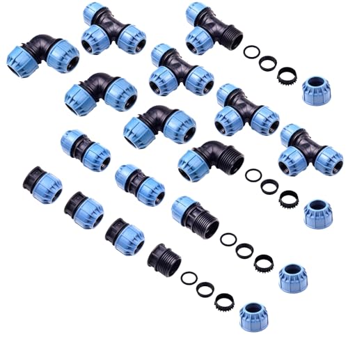 Verdone PE-Rohr Verbinder Set XL für 32mm Rohre - 5x T-Stück 4x Winkel 90 3x Gerade Verbinder 4x Stopfen - Schraubverbinder für Bewässerungssysteme Gartenanlagen - PN10
