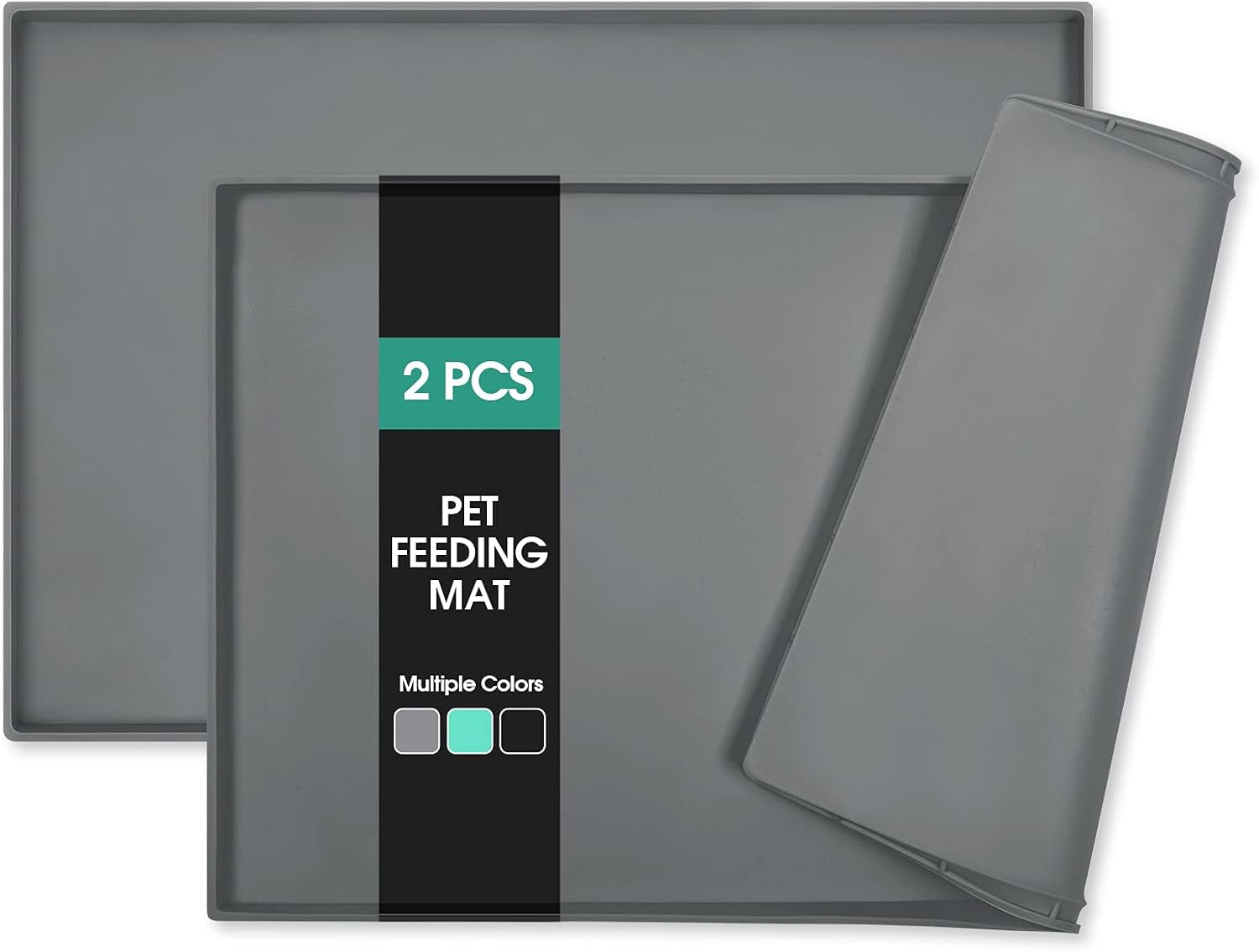 HOMEIDEAS 2 Pack Dog Food Mat Set - S(19x12) Grey Silicone Pet Feeding Mat with Tall Lip for Floors, Waterproof Dog Bowl Mats for Food and Water, Non Slip Cat Food Placemat to Prevent Spills