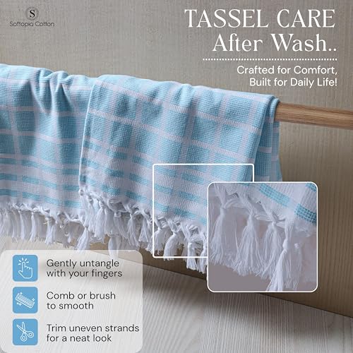 Image of Matrix Dobby Kitchen Towels 4 Pack, 100% Cotton, 16x26 Inches, Handmade Knotted Tassel Tea Towels, Reusable & Absorbent Wash Rags for Drying and Cleaning - Aqua Blue, White