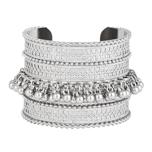 Image of I Jewels Navratri Ethnic Silver Oxidised Adjustable Afghani Ghungroo Cuff Kada Bracelet For Women