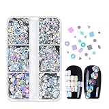 Holographic Nail Art Sequins Set, Silver Laser Nail Glitter Decoration, Rhombus Triangle Circle Disco Rectangle Square Nail Confetti, 3mm 6 Grids Nails Flakes Decals