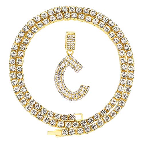 FW Jewelry HH BLING Gold Iced Out Baguette Initial Letter Necklace C with Tennis Chains