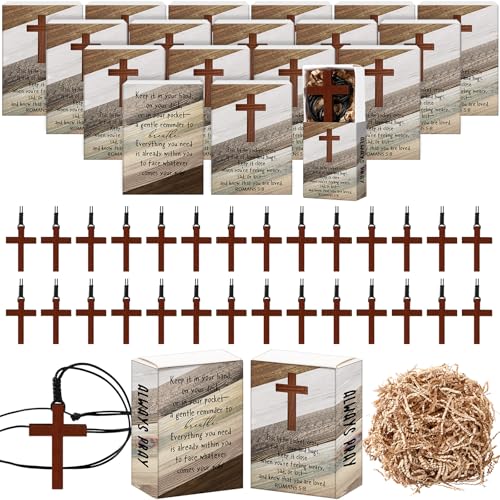 Tondiamo 24 Set Christian Gifts Wooden Cross Necklace Bulk Wood Cross Pendant Prayer Box Religious Necklace for Men Women Church Sunday School Party