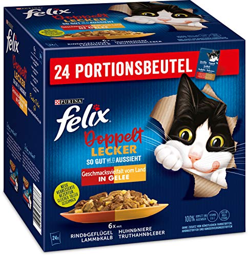 Felix Katzennassfutter So gut wie es aussieht Doppelt Lecker in Gelee vom Land, 4er Pack (4 x 24 x 85 g) Portionsbeutel
