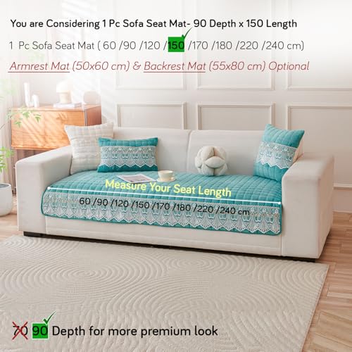 Image of HOKIPO 'BelleLace Series' Imperial Milk Velvet Sofa Cover Mat with Lace Design| Make Your Own Sofa Cover Set, Mat Length 90(D) x 150(L) cm, Teal (AR-5965-TEAL)