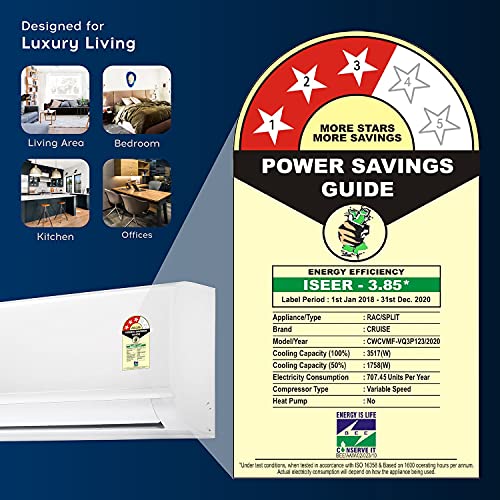 Image of Cruise 1 Ton 3 star Inverter Split AC with 3 Stage Air Filtration (Copper, CWCVMF-VQ3P123, White, Dehumidifier, Varioqool Inverter)