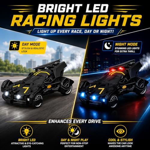 Image of The Flyers Bay Remote Control Car for Kids with Mist Spray Action, Flashing LED Lights, 10ft Control Range, Rechargeable RC Toy Car for Boys & Girls Age 4+ (Batman Smoke Car)