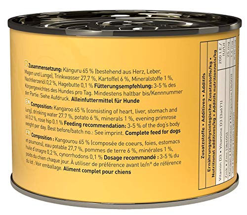 dogz finefood Hundefutter nass - N° 6 Känguru - Feinkost Nassfutter für Hunde & Welpen - getreidefrei & zuckerfrei - hoher Fleischanteil, 6 x 200 g Dose