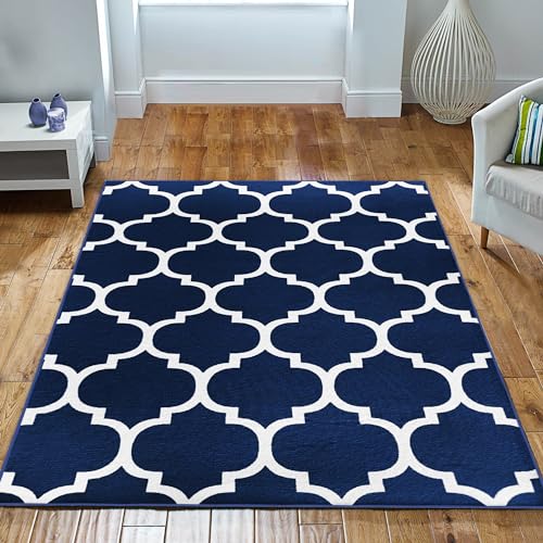 Imperial Rooms Rugs Living Room - Area Rugs for Bedroom 60x110 Cm Modern Floor Carpet Non Shedding Trellis Style Durable Ava Navy Soft Rug for Dining Room Easy to Clean