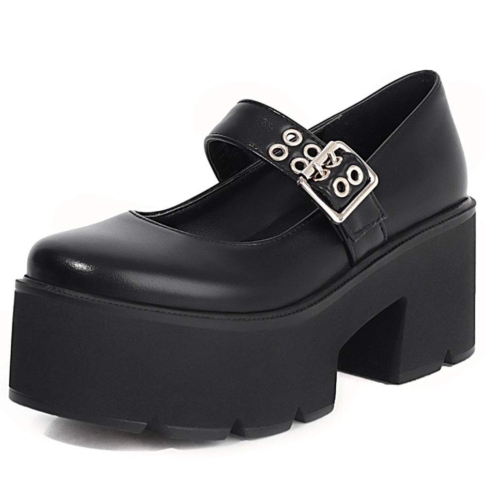 Women's T-Strap Platform Mary Jane Lolita Shoes Gothic Mid Chunky Heel Dress Pumps