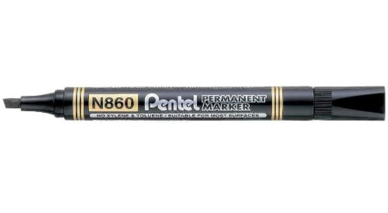 Pentel N860 - Rotuladores permanentes (12 unidades, punta biselada), color negro