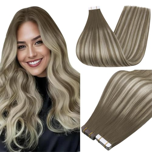 Image of Full Shine Tape in Hair Extensions Human Hair,7 /1000 /7 Cool Brown And Blonde,16Inch 50G 20Pcs,Seamless Human Hair Tape in Extensions for Thin Hair,Remy Human Hair,Add Volume and Fuller Hairstyle