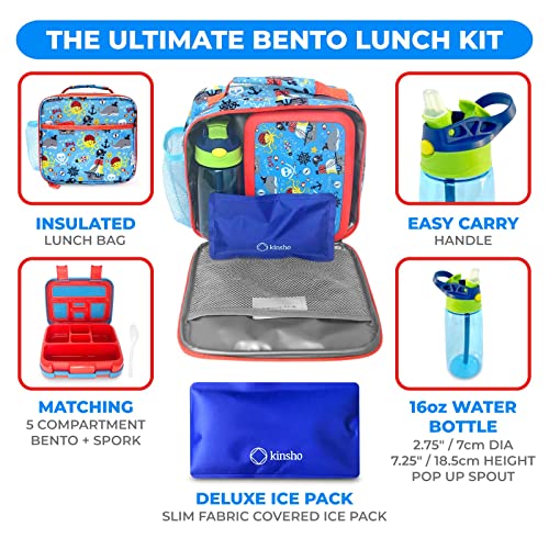 Image of Bento Box with Insulated Lunch Bag, Ice Pack & Water Bottle Set for Kids - 5 Compartments Removable Tray Lunches or Snack Container Boys Toddlers Daycare Pre-School, Blue Pirates