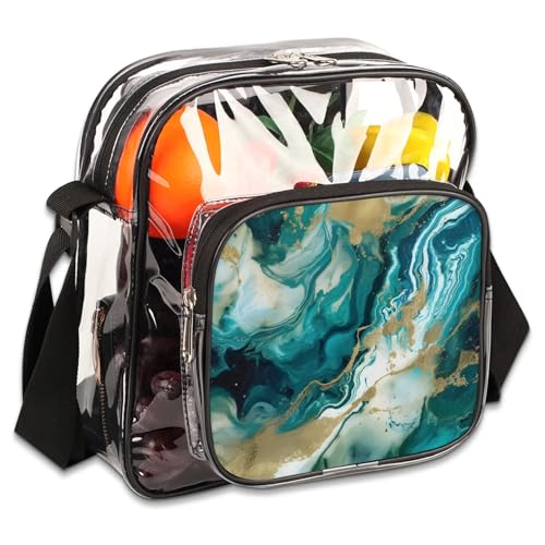 Clear Crossbody Bag Stadium Approved Liquid Transparent Bag for Festivals, Sports Events, Concerts,Beach Bag for Women Men Marble Ink Clear Purse with Front Pocket Messenger Bag with Adjustable Strap