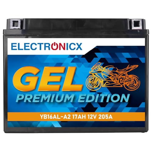 Electronicx, GEL, Motorradbatterie YB16AL-A2 GEL 12V 17Ah – wartungsfrei, robust, versiegelt, 205A Hohe Leistung Starterbatterie für Motorrad, Moped, Roller, Quad ATV – 206× 70×163mm GEL-Technologie.