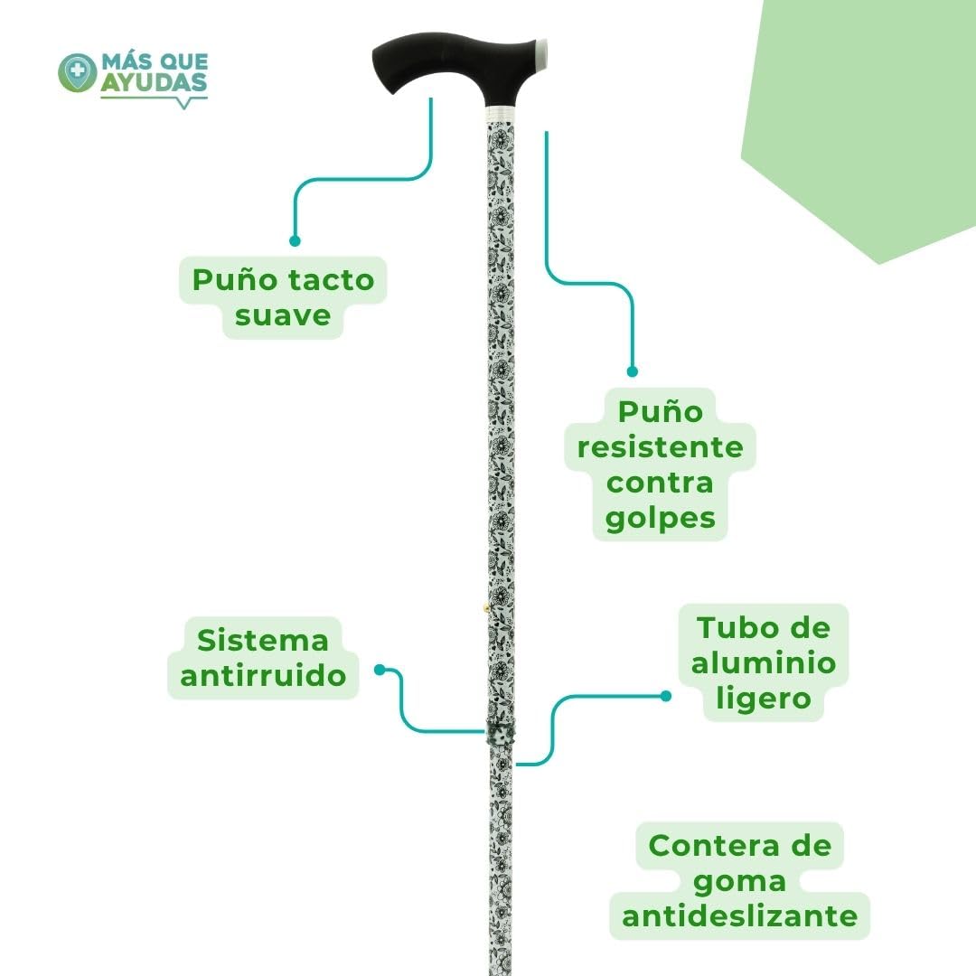 Bastón para Mayores y Adultos Soft Touch, Aluminio, Extensible y Portátil, Altura Ajustable 76-99 cm, Puño de Silicona, Bastón para Caminar y Pasear, 300 g