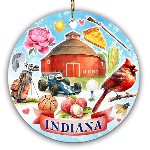 Sportyzen Indiana State Christmas Ornament – Round Ceramic Keepsake, Featuring State Symbols, Cardinal Bird, Corn, Barn, Basketball– Indiana Souvenir Gift for Family & Friends