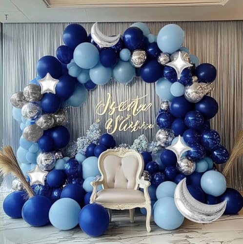 Image of Navy Blue Balloon Garland Arch Kit Double Stuffed Royal Blue Star Moon Balloons for Birthday Baby Shower Over the Moon Prince Graduation Wedding Space Astronaut Galaxy Party Decorations