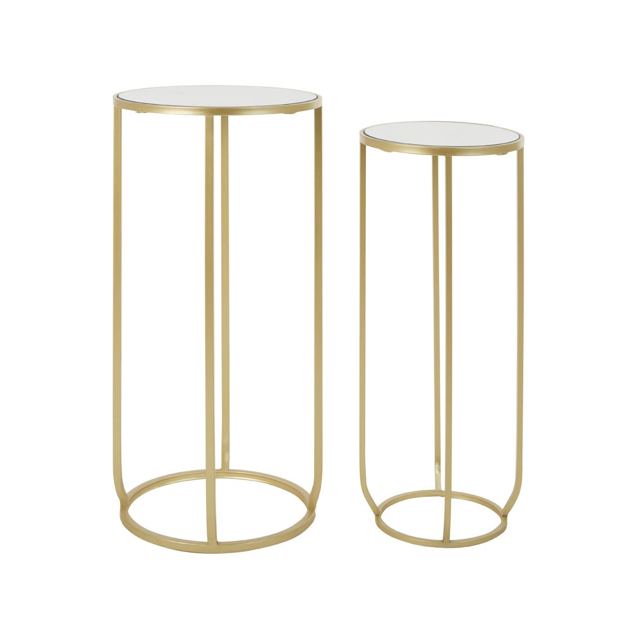 Premier Housewares Set of 2 Tall Side Tables, Lamp Tables, Gold Finish, Sturdy Iron Frame, Openframe Structure, Round Mirrored Top, Dimensions are W33 x D33 x H70cm.