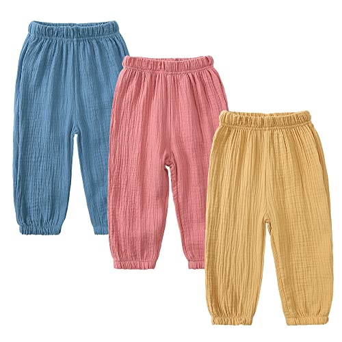 Image of Kids Tales 3 Pack Boys Girls Cotton Linen Pants Child Basic Plain Solid Trousers Big Kids Elastic Waist Long Pants Bloomers