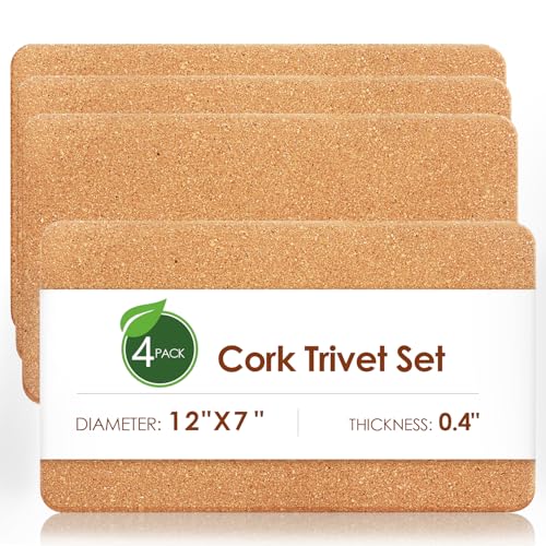 Image of Cork Trivets for Hot Dishes Rectangle, 12 inch x 7 inch High-Density Thick Cork Trivets for Hot Pots and Pans, Heat Resistant Placemats HotPlate Coaster Pads for Kitchen, Table, Countertops, 4 Pcs