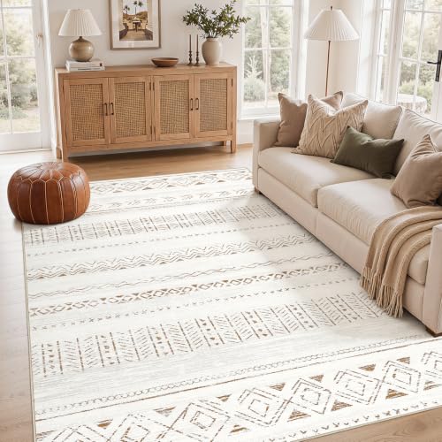 cotiled 5x7 Area Rugs Living Room Rug: Washable Boho Rugs with Non Slip Backing Large Soft Indoor Stain Resistant Carpet for Bedroom Farmhouse Dining Room Lightweight Home Decor Brown/Cream