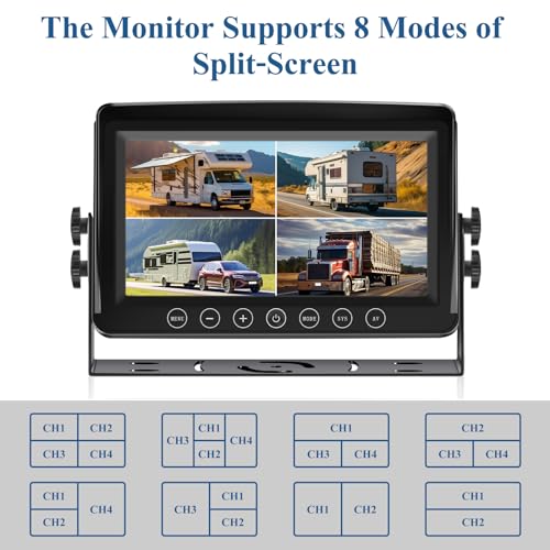 Image of RV Backup Camera System with 9'' IPS 4 Split Monitor with 4 Cameras, Side Front View Camera IR Night Vision Waterproof Backup Camera for RV, Trailer, Bus, Trucks BX94