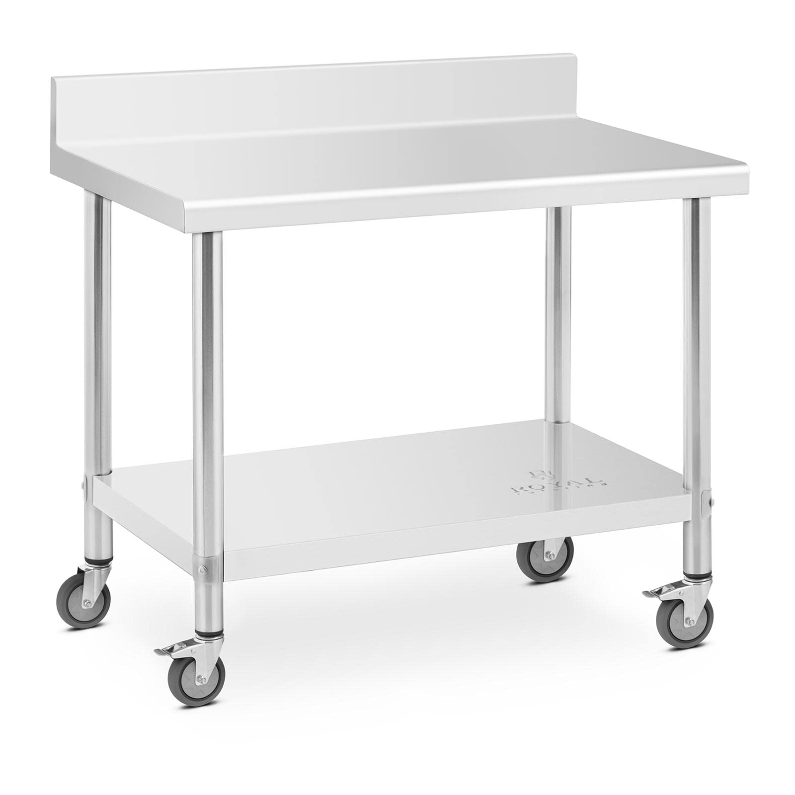 Royal Catering Tavolo da lavoro in acciaio inox, 60 x 100 cm, con ruote e alzata fino a 155 kg, piedini regolabili in altezza, in acciaio inox, tavolo da lavoro con ruote