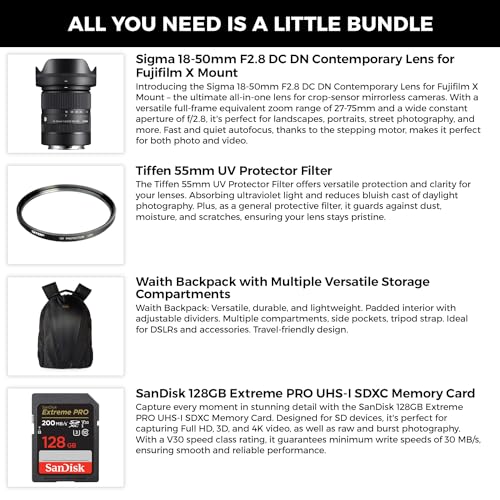 Image of Sigma 18-50mm F2.8 DC DN Contemporary Lens for Sony E-Mount with Tiffen 55mm UV Protector Filter, SanDisk 128GB Extreme PRO UHS-I SDXC Memory Card and Waith Camera Backpack (Bundle Set)