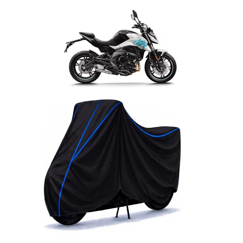Image of CFMoto 400 NK Bike Cover Water Resistant Universal Motorcycle Rain | Heavy Duty UV Protection, Dust, Scratch Indoor Outdoor All Weather with Black Blue Piping Elastic